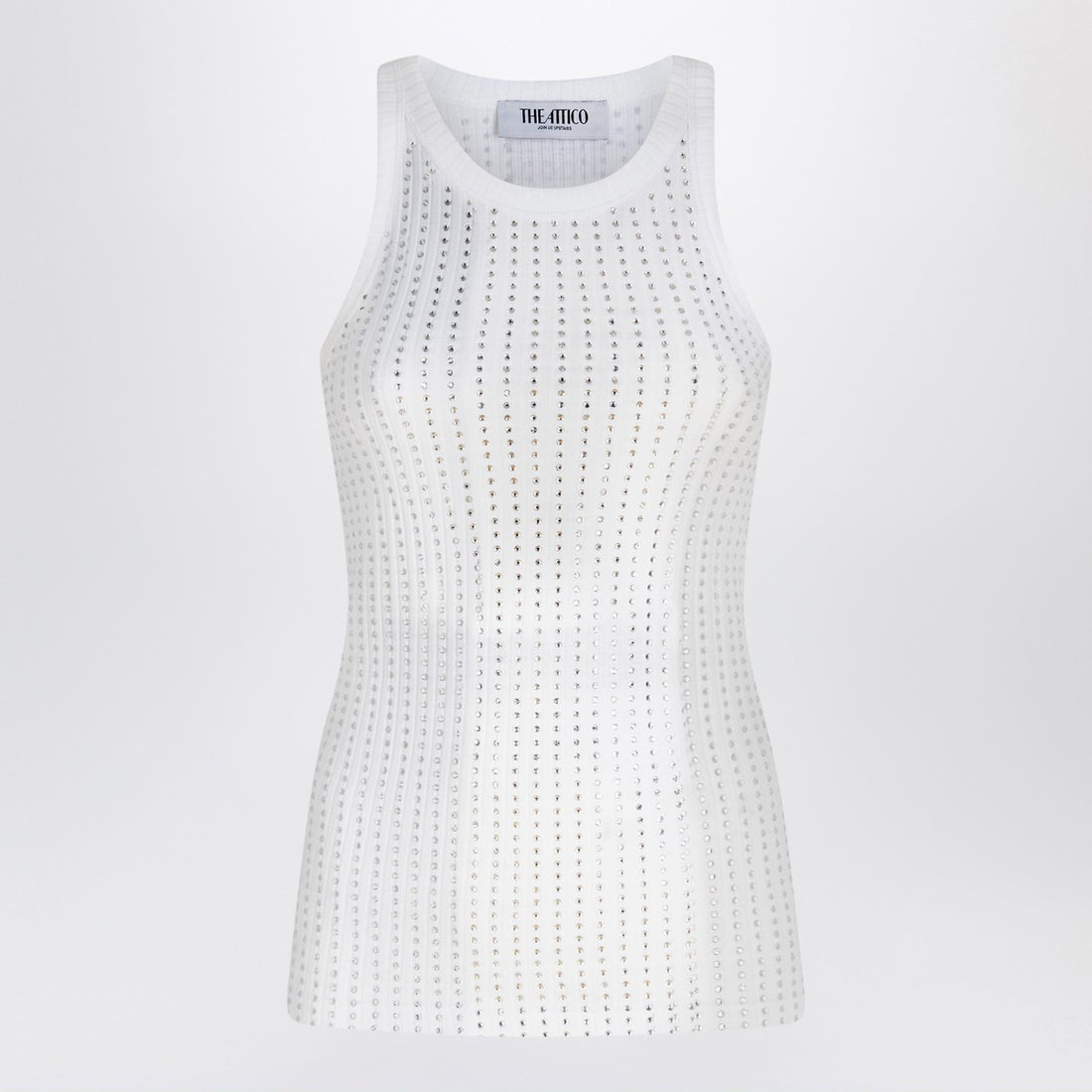 The Attico White Rhinestone Embellished Ribbed Cotton Tank Top White