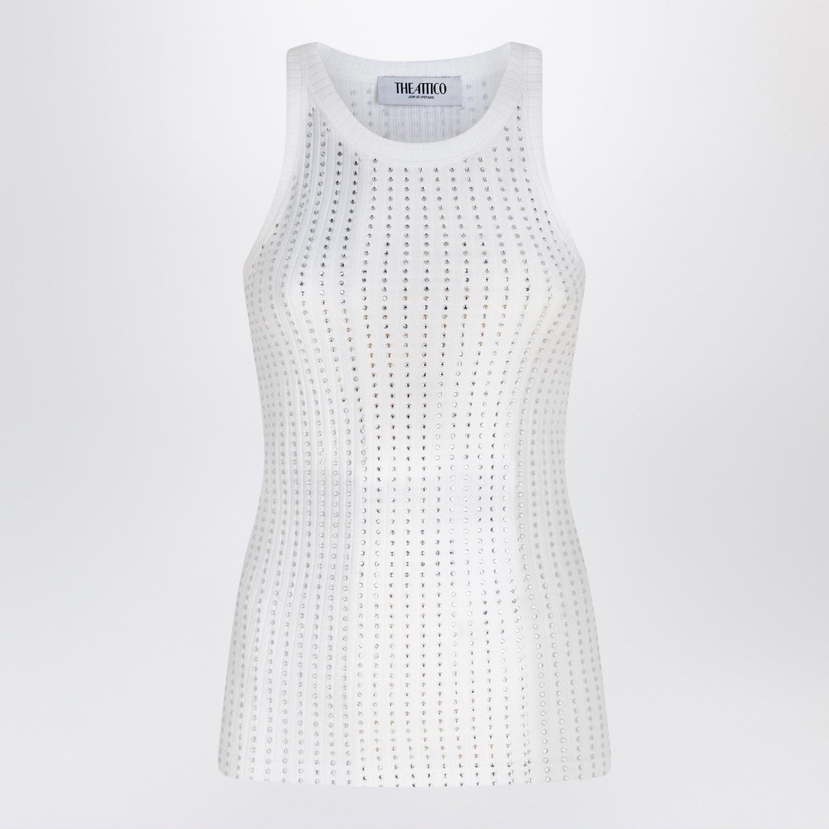 The Attico White Rhinestone Embellished Ribbed Cotton Tank Top White