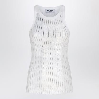 The Attico White Rhinestone Embellished Ribbed Cotton Tank Top White