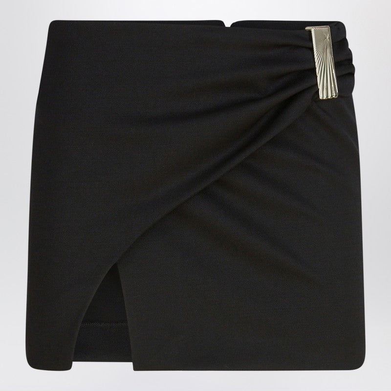 The Attico Black Wool Mini Skirt with Metal Clasp and Front Slit Black