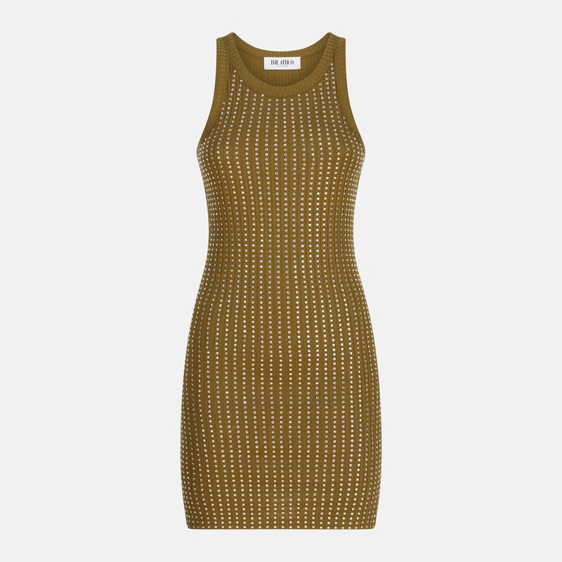 The Attico Military Green Mini Rhinestone Dress Green