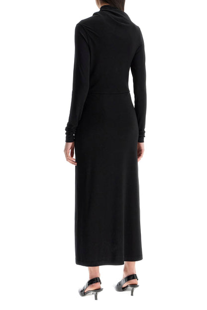 Toteme long draped dress with wide neckline in black long sleeve slim fit to ankle