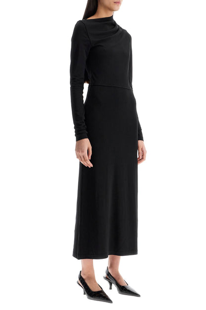 Toteme long draped dress with wide neckline in black long sleeve slim fit to ankle