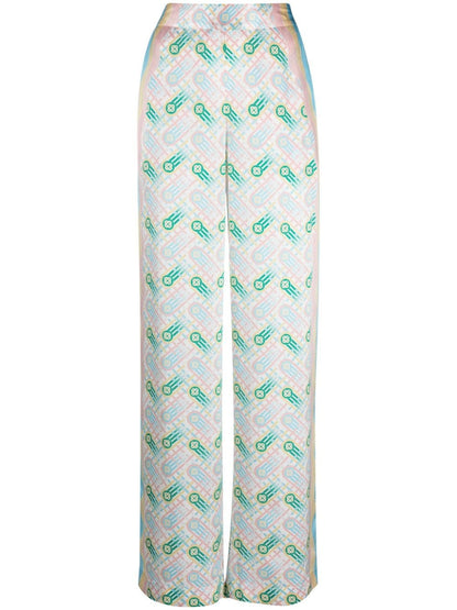 Casablanca High-Waisted Silk Satin Ping Pong Print Trousers Multicolor