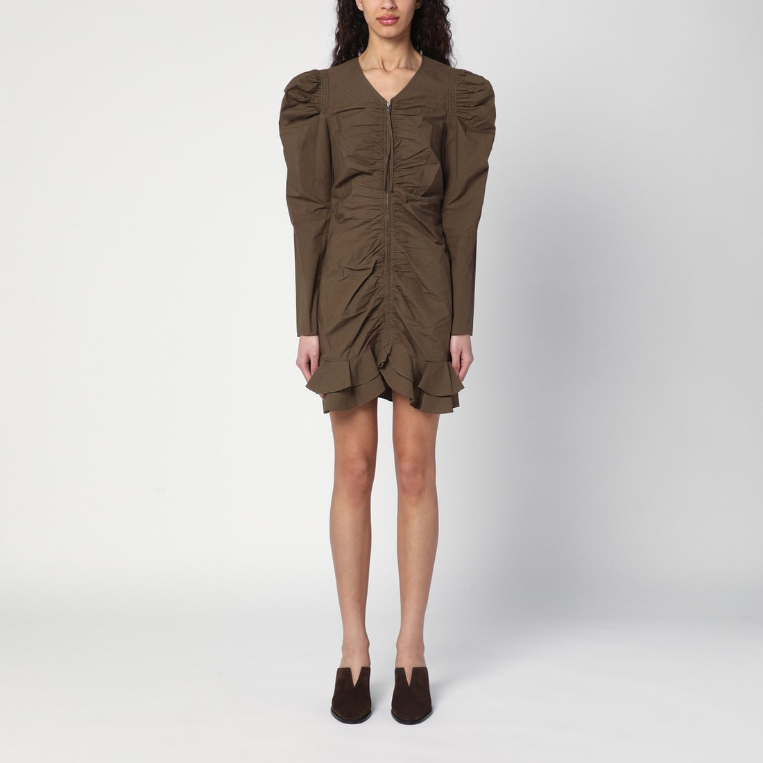 ISABEL MARANT Étoile Briali Khaki Green Zip Mini Dress with Ruffled Hem Green