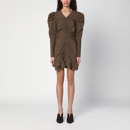 ISABEL MARANT Étoile Briali Khaki Green Zip Mini Dress with Ruffled Hem Green
