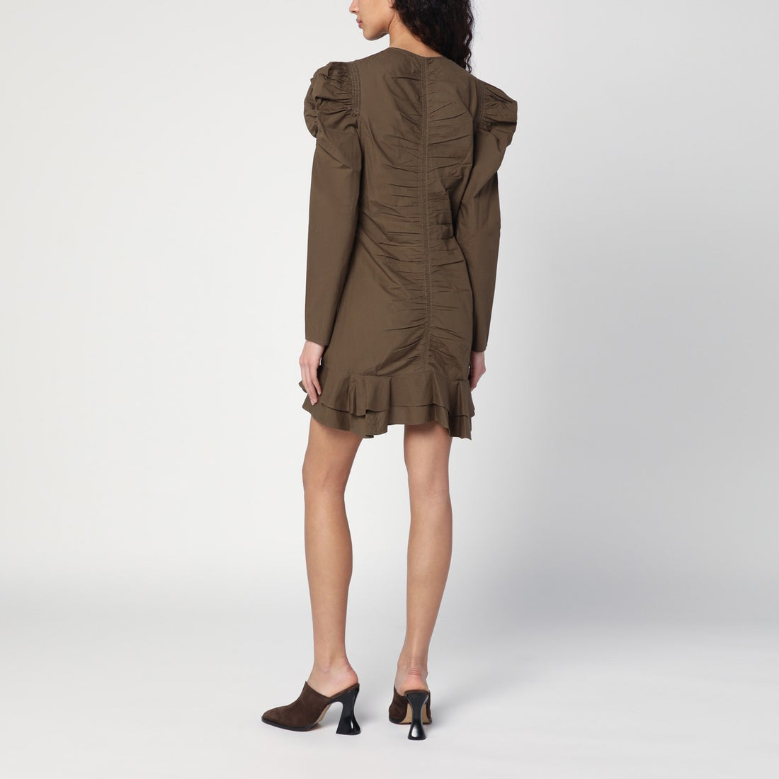 ISABEL MARANT Étoile Briali Khaki Green Zip Mini Dress with Ruffled Hem Green