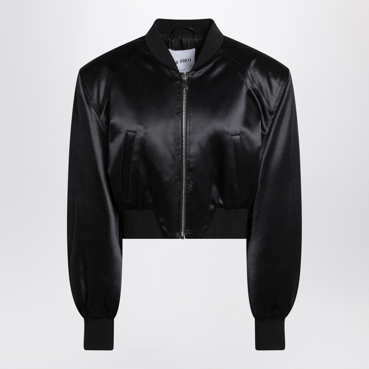 The Attico Black Shiny Cropped Viscose Bomber Jacket Black