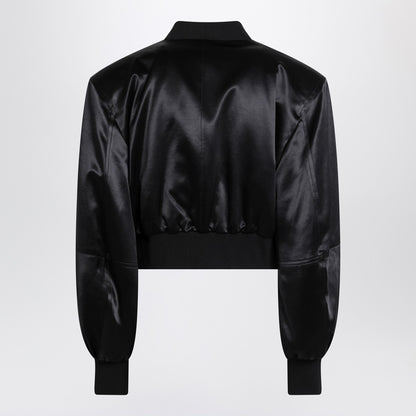 The Attico Black Shiny Cropped Viscose Bomber Jacket Black