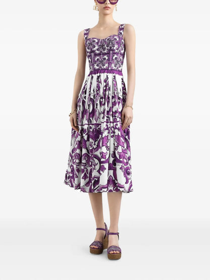 Robe midi en popeline à imprimé majolique violet