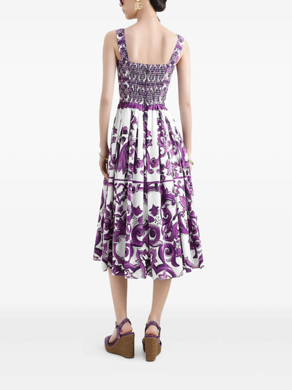 Robe midi en popeline à imprimé majolique violet