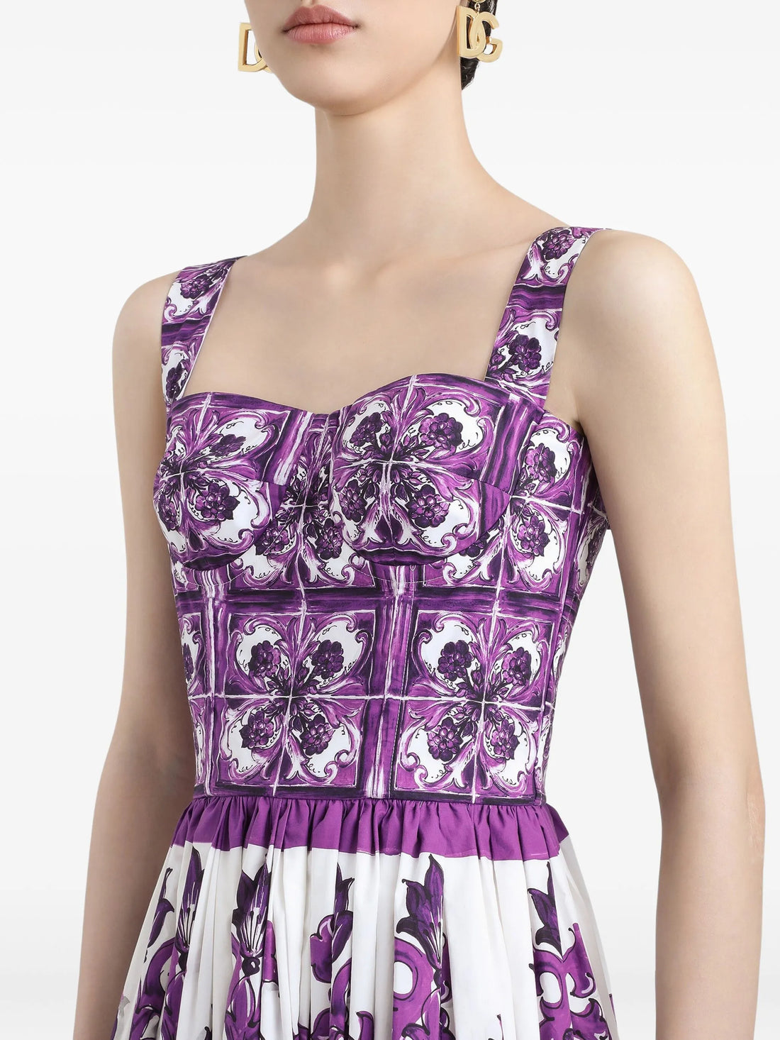 Robe midi en popeline à imprimé majolique violet