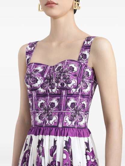 Robe midi en popeline à imprimé majolique violet