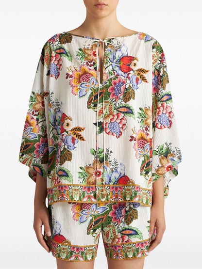 Etro Floral-Print Striped Cotton-Silk Blouse White white