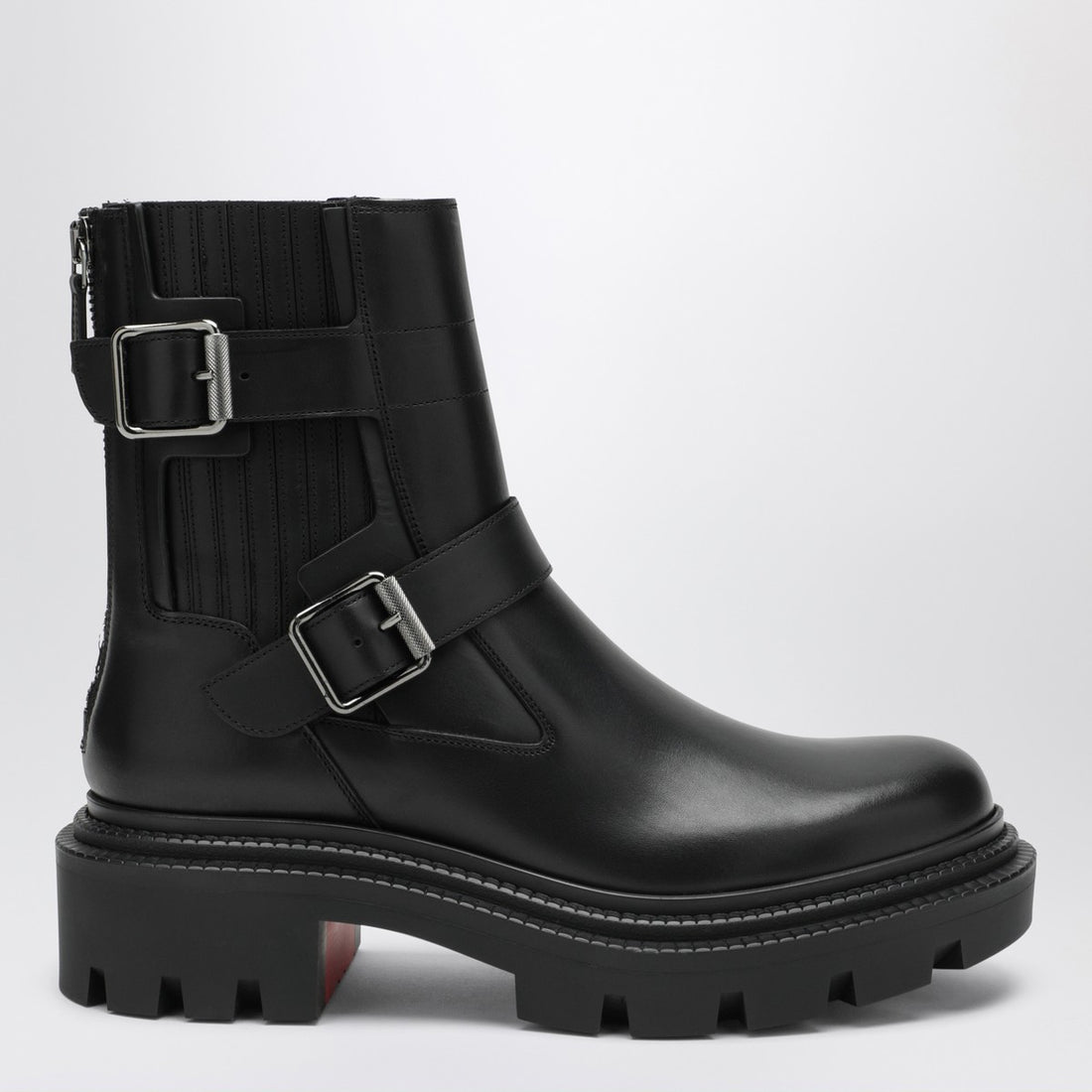 Christian Louboutin Black Leather Biker Boots with Adjustable Straps and Signature Red Sole Black
