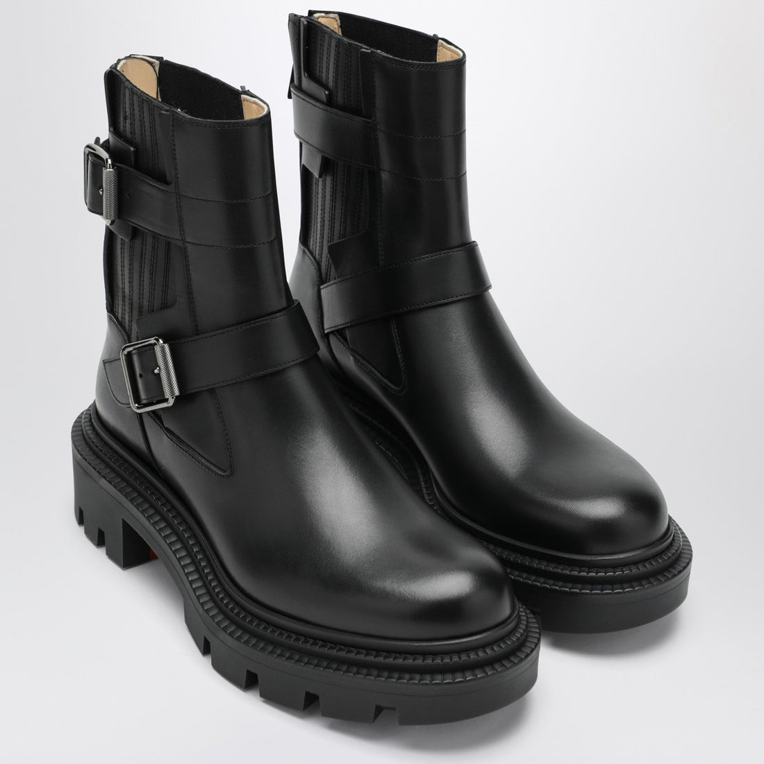 Christian Louboutin Black Leather Biker Boots with Adjustable Straps and Signature Red Sole Black