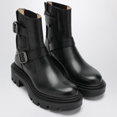 Christian Louboutin Black Leather Biker Boots with Adjustable Straps and Signature Red Sole Black
