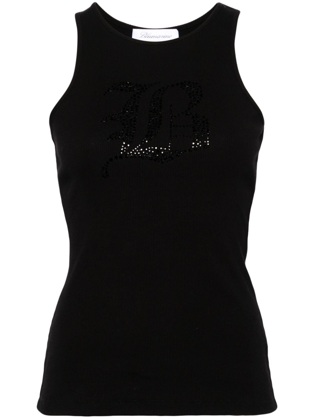 Blumarine Ribbed Stretch-Cotton Rhinestone Embellished Sleeveless Top Black Black