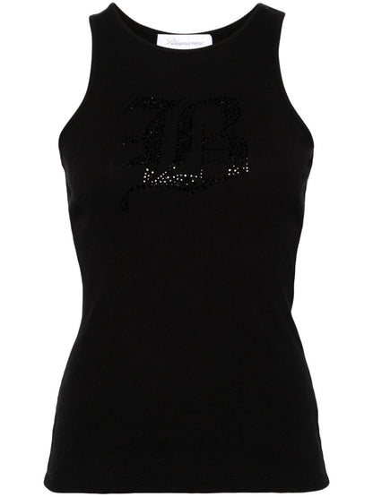 Blumarine Ribbed Stretch-Cotton Rhinestone Embellished Sleeveless Top Black Black