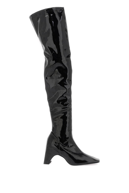 Stretch patent faux leather cuissardes boots