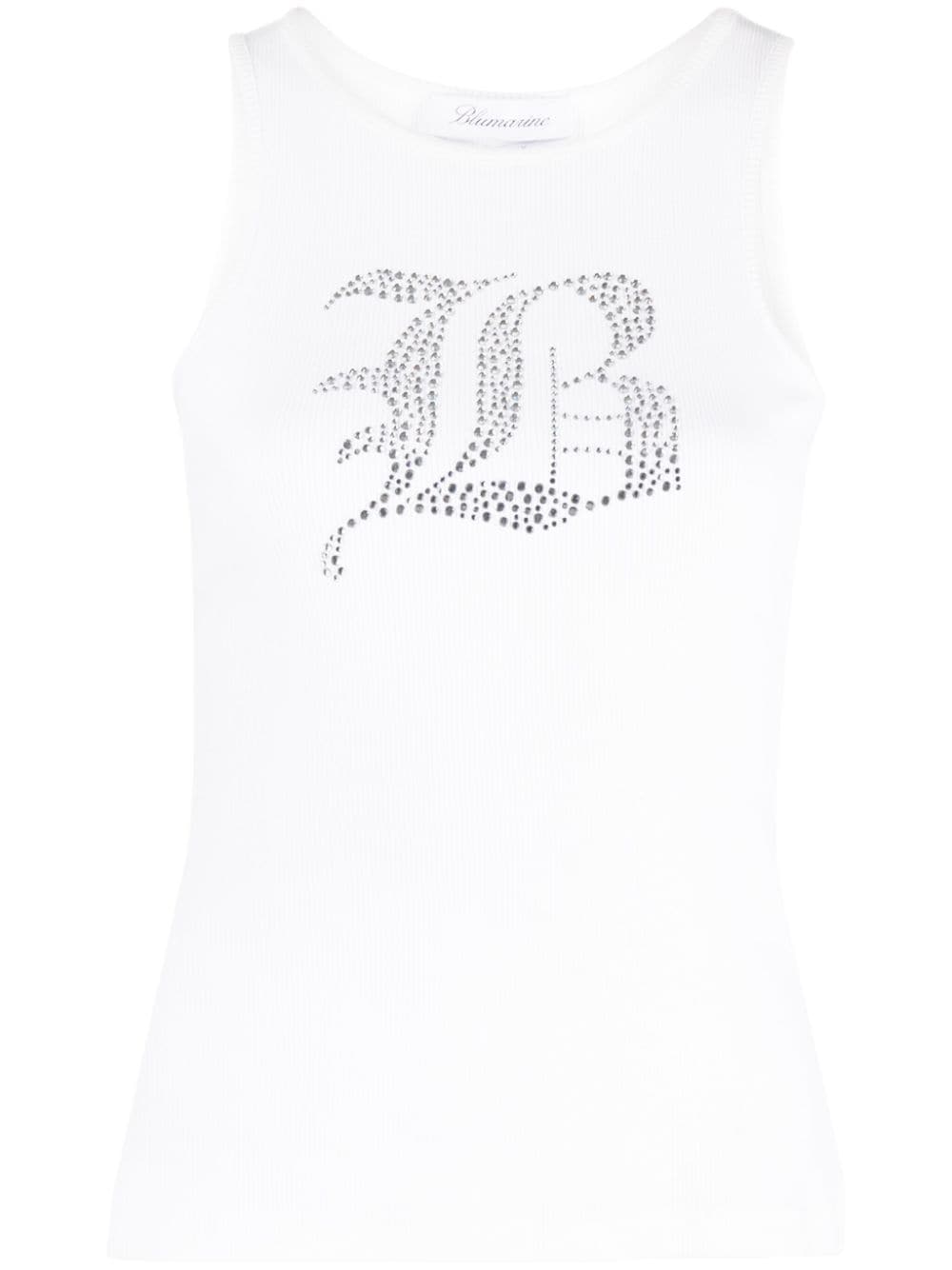 Blumarine Rhinestone-Embellished Ribbed Stretch-Cotton Tank Top White