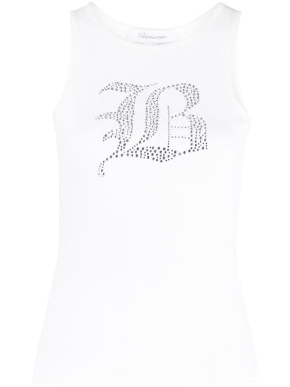 Blumarine Rhinestone-Embellished Ribbed Stretch-Cotton Tank Top White