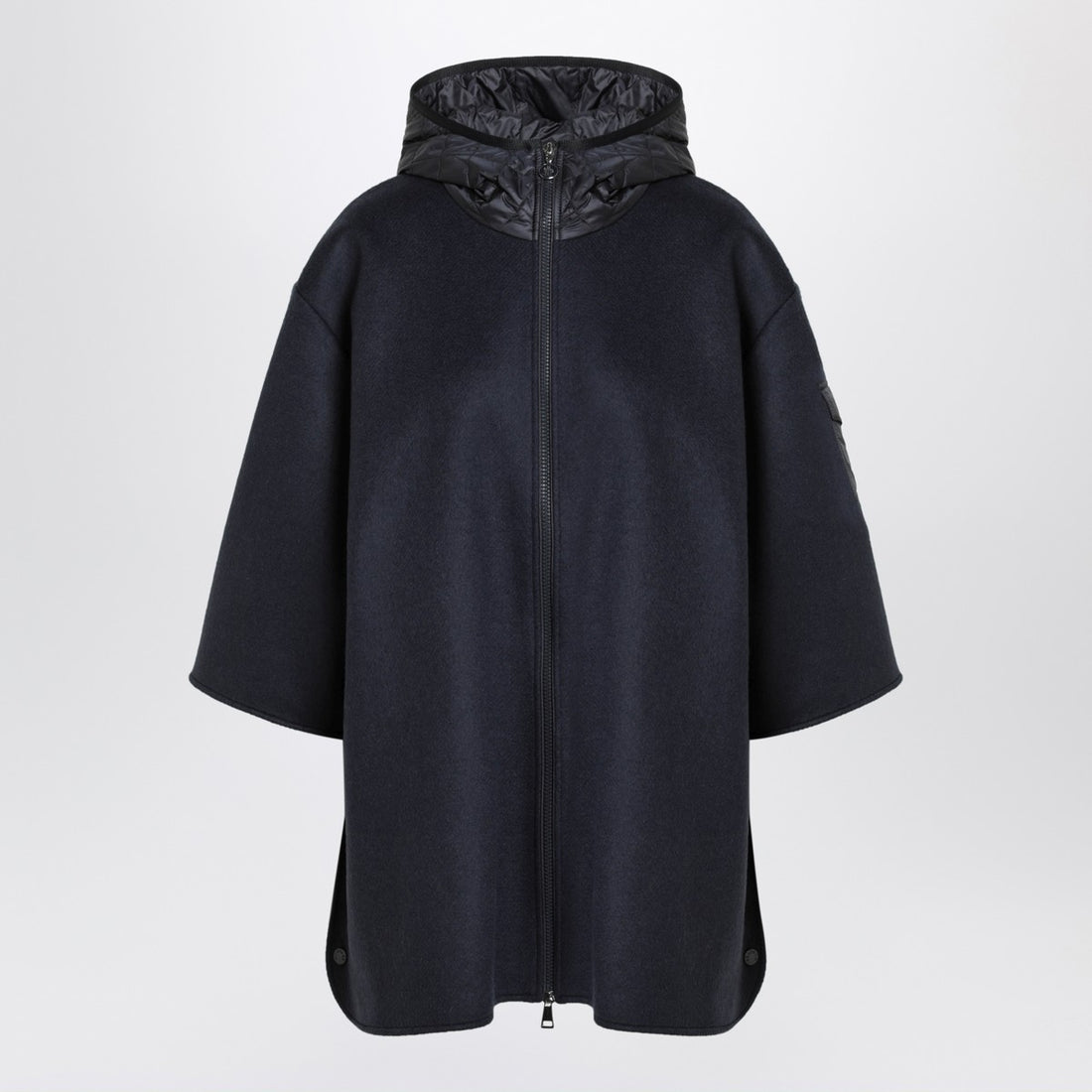 Moncler Blue Wool-Blend Cape with Quilted Hood and Zip Closure Blue