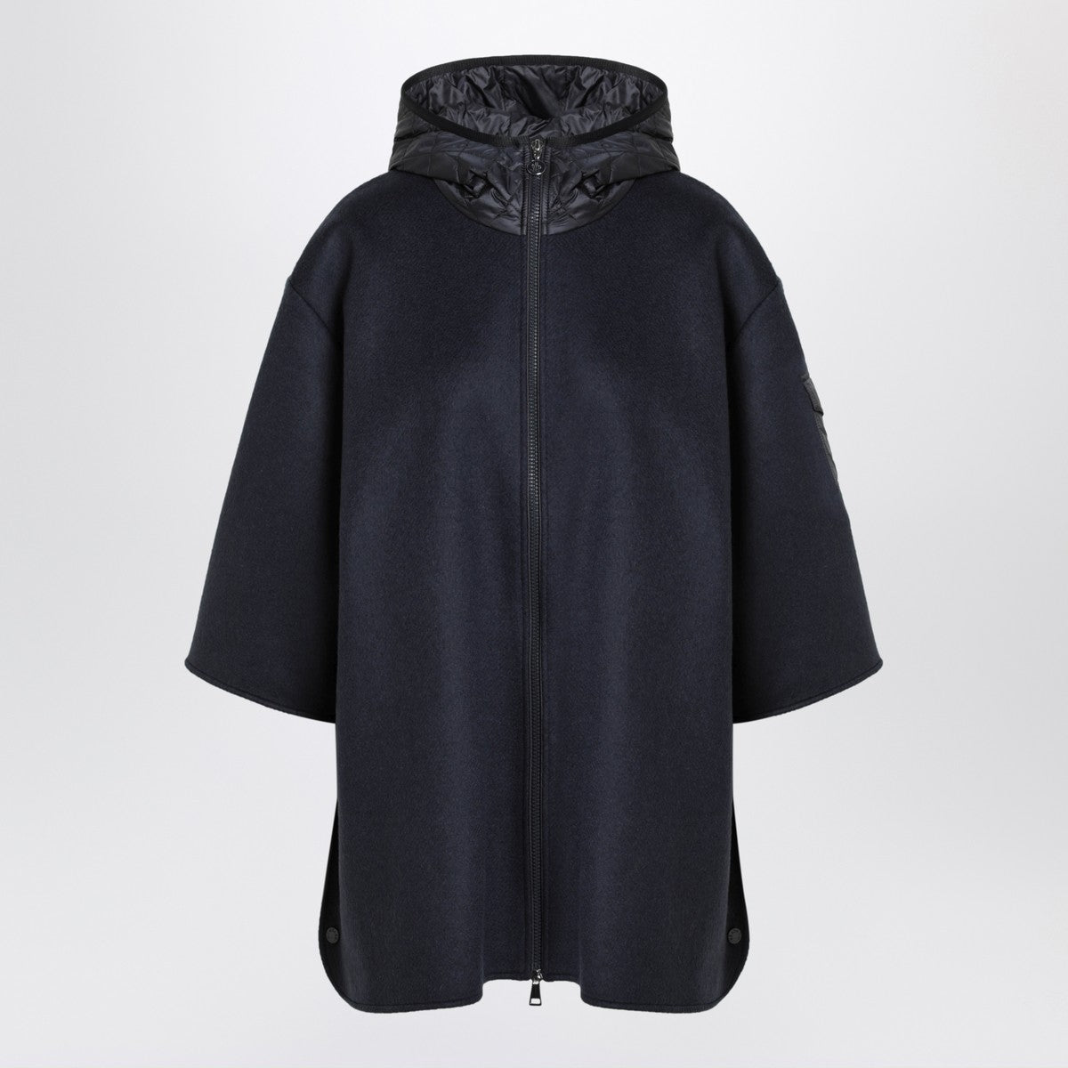 Moncler Blue Wool-Blend Cape with Quilted Hood and Zip Closure Blue