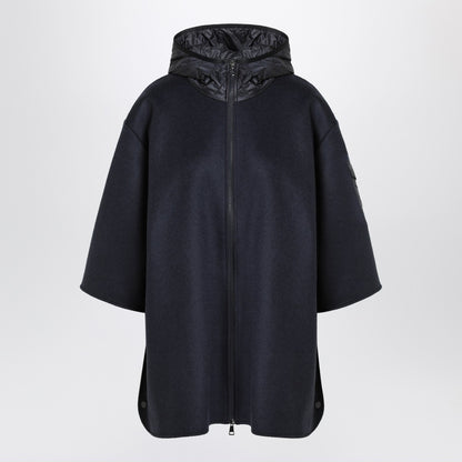 Moncler Blue Wool-Blend Cape with Quilted Hood and Zip Closure Blue