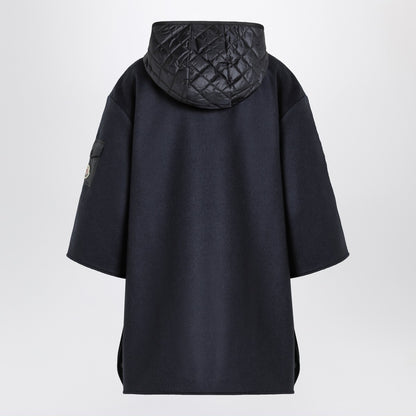 Moncler Blue Wool-Blend Cape with Quilted Hood and Zip Closure Blue
