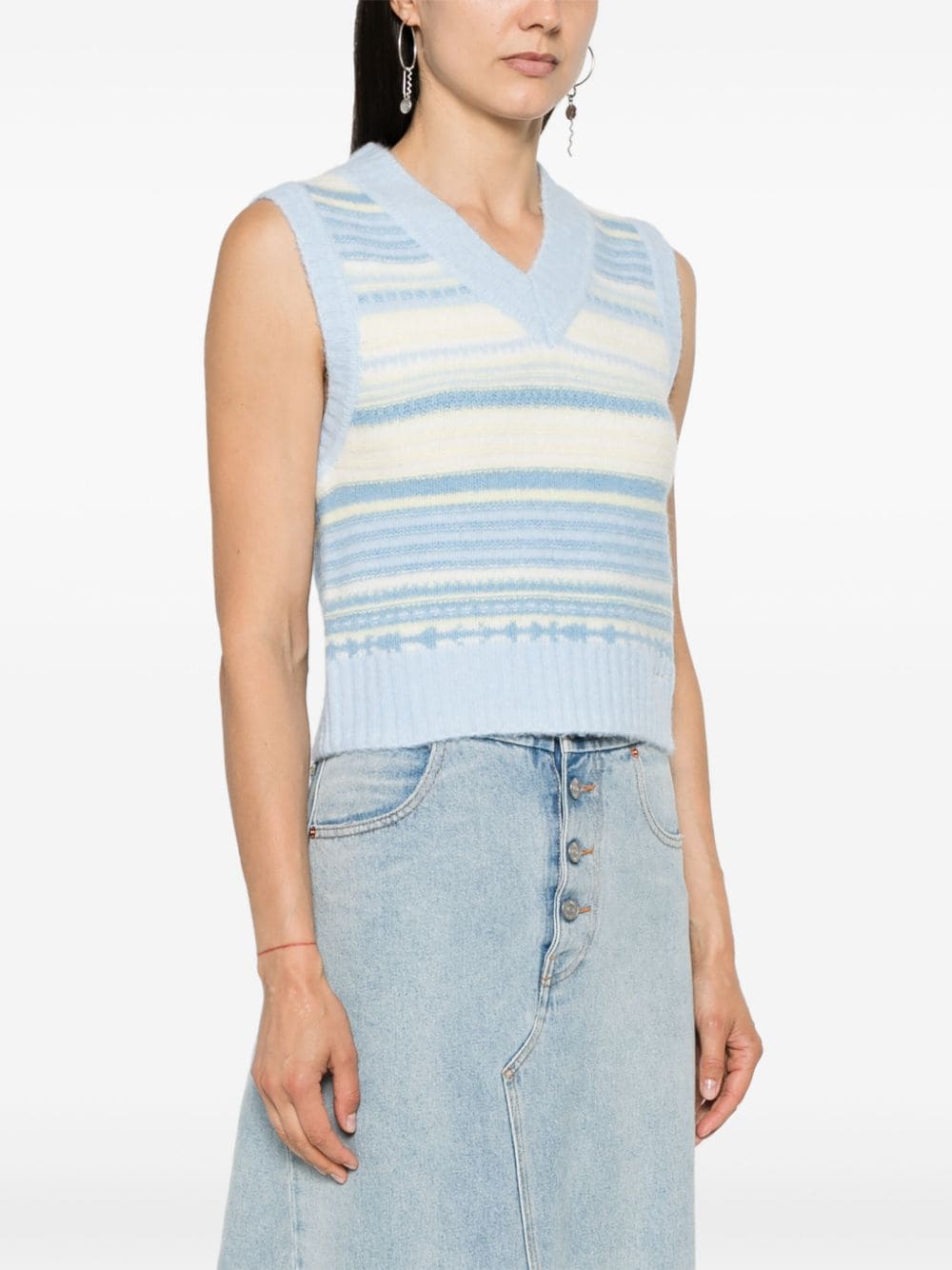 Ganni Striped Sleeveless Merino Wool-Blend Sweater Vest Clear Blue