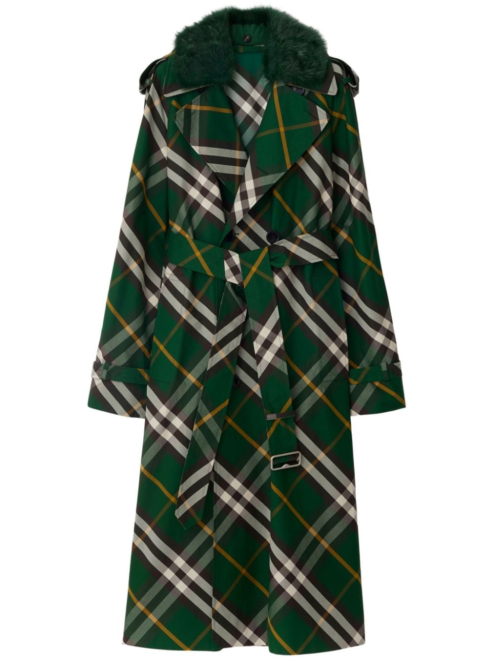 Burberry Check Cotton Shearling Collar Double-Breasted Coat Green