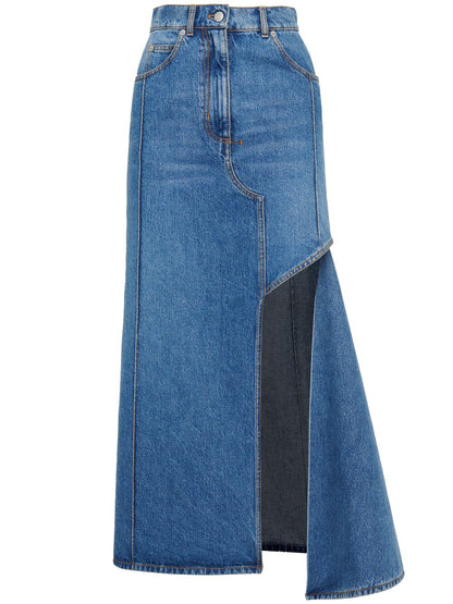 Alexander McQueen Denim Midi Skirt with Slashed Detailing Blue