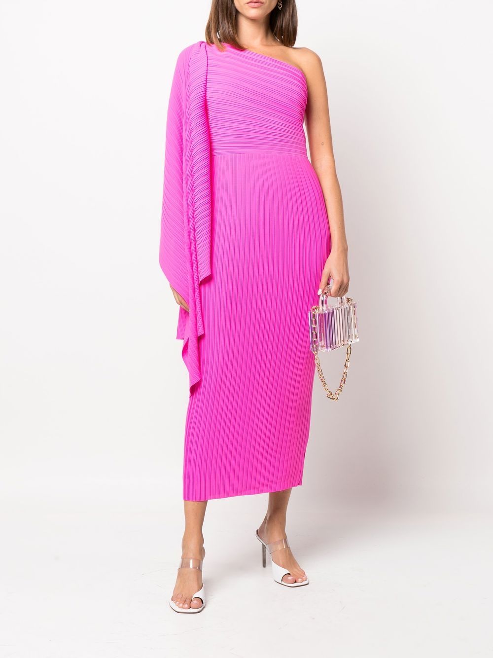 Solace London Pleated One-Shoulder Ribbed Midi Dress Fuchsia
