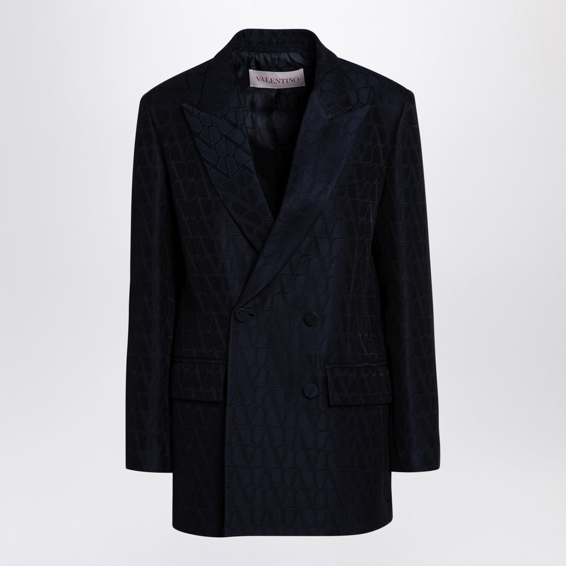 Valentino Navy Double-Breasted Wool-Silk Jacket with Iconographe Pattern Blue