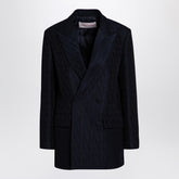 Valentino Navy Double-Breasted Wool-Silk Jacket with Iconographe Pattern Blue