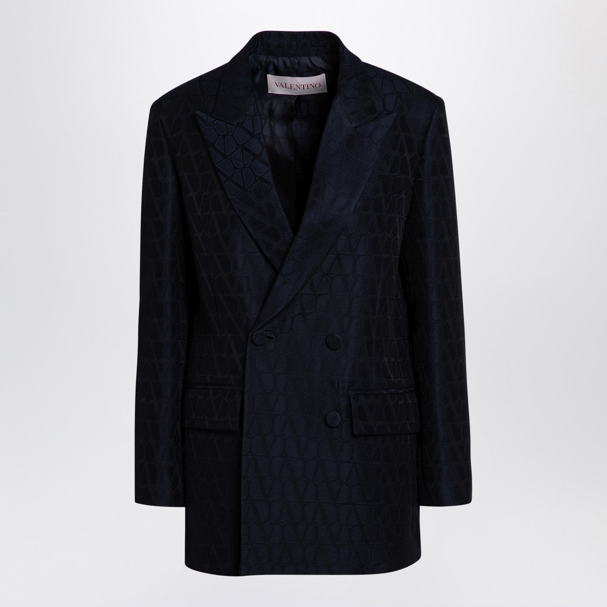 Valentino Navy Double-Breasted Wool-Silk Jacket with Iconographe Pattern Blue