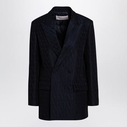 Valentino Navy Double-Breasted Wool-Silk Jacket with Iconographe Pattern Blue