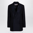 Valentino Navy Double-Breasted Wool-Silk Jacket with Iconographe Pattern Blue