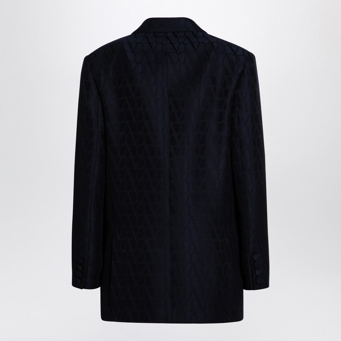 Valentino Navy Double-Breasted Wool-Silk Jacket with Iconographe Pattern Blue