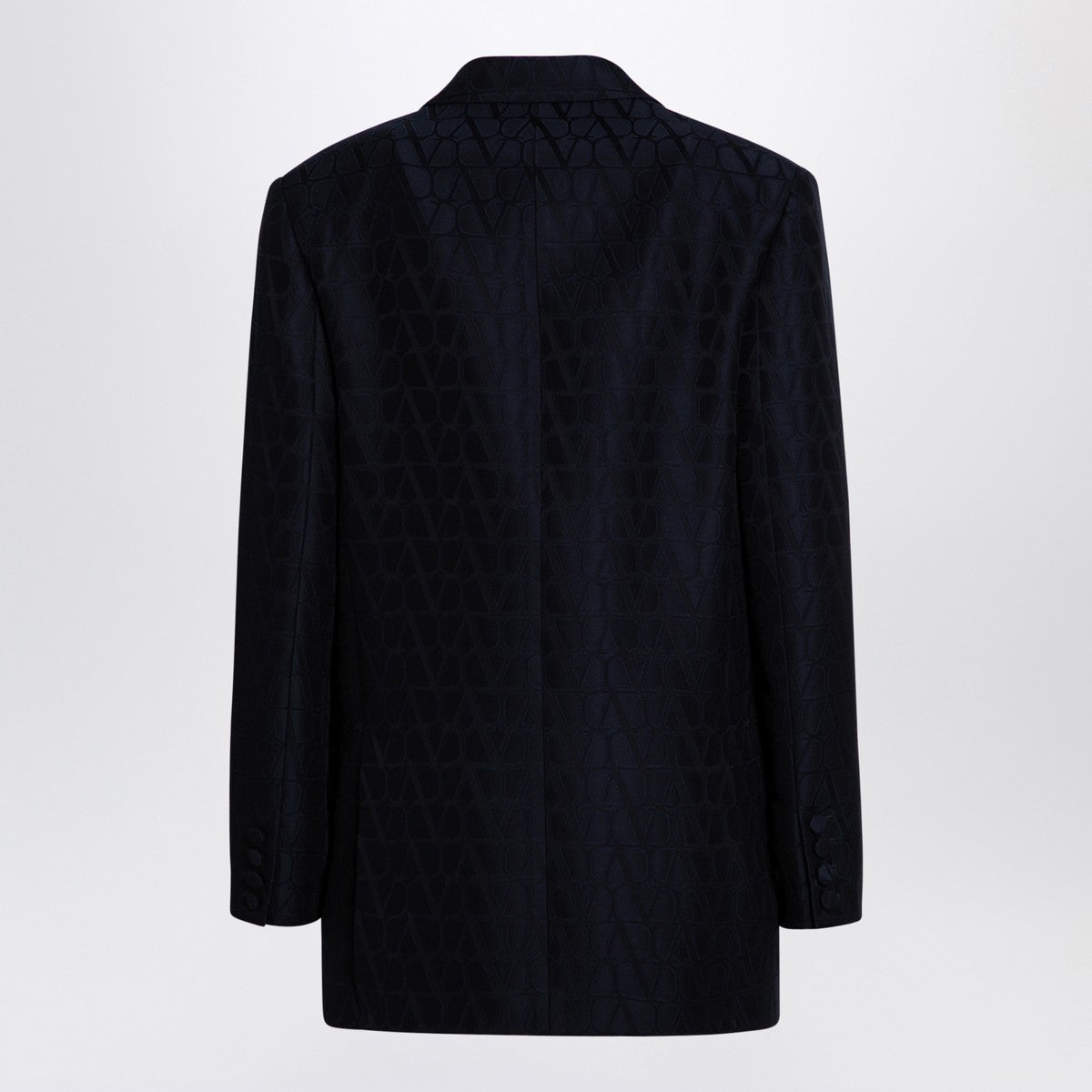 Valentino Navy Double-Breasted Wool-Silk Jacket with Iconographe Pattern Blue
