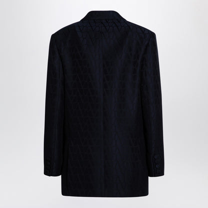 Valentino Navy Double-Breasted Wool-Silk Jacket with Iconographe Pattern Blue