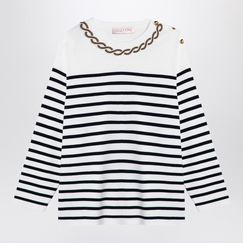 Valentino Ivory and Navy Striped Jersey Cotton Top with Braid Embroidery Blue