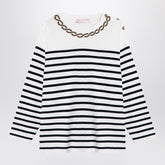 Valentino Ivory and Navy Striped Jersey Cotton Top with Braid Embroidery Blue
