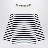 Valentino Ivory and Navy Striped Jersey Cotton Top with Braid Embroidery Blue