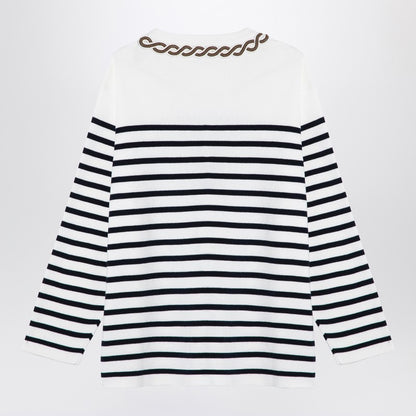 Valentino Ivory and Navy Striped Jersey Cotton Top with Braid Embroidery Blue
