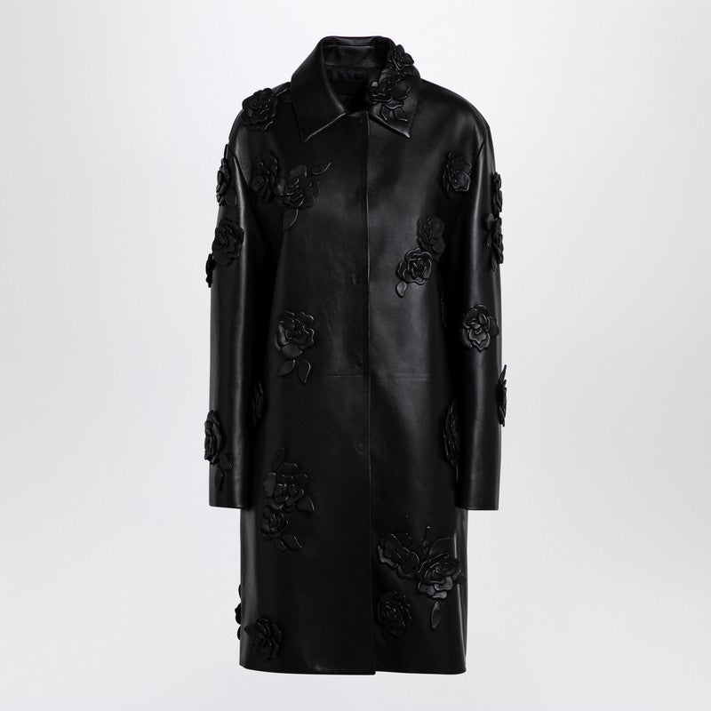 Valentino Black Embroidered Leather Single-Breasted Coat Black