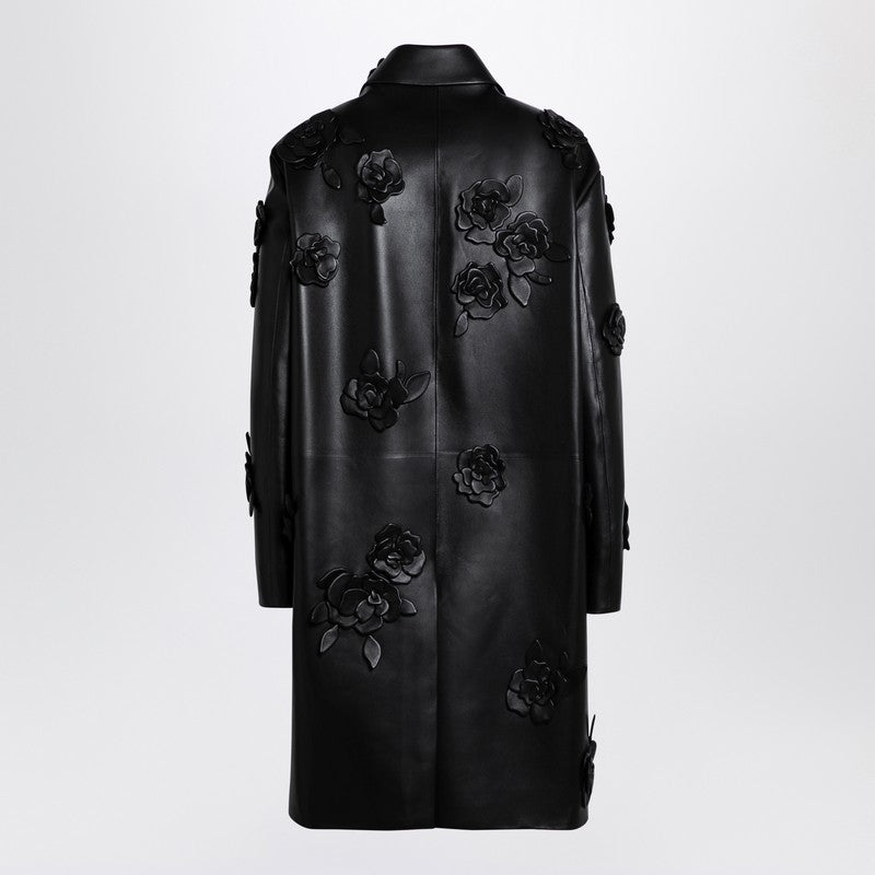 Valentino Black Embroidered Leather Single-Breasted Coat Black