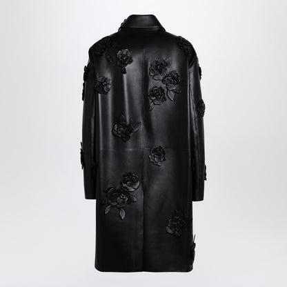 Valentino Black Embroidered Leather Single-Breasted Coat Black