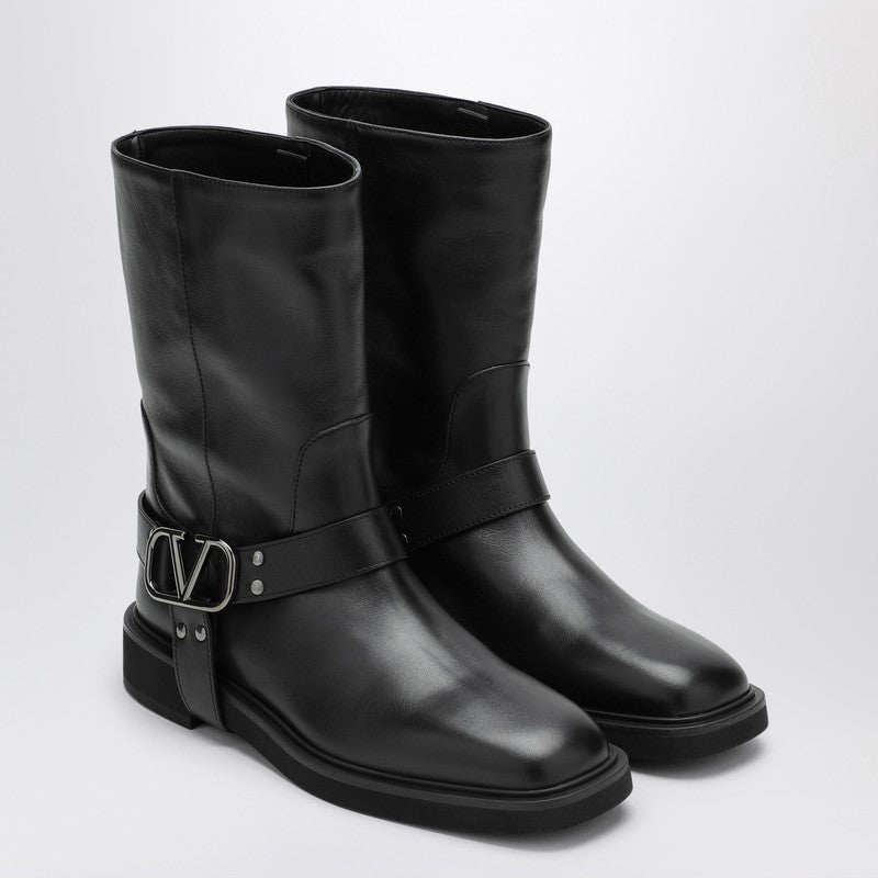 Valentino Garavani VLogo Signature Square-Toe Leather Ankle Boots Black